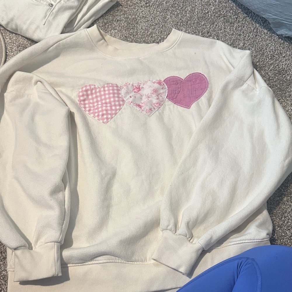 White Sweatshirt with Pink Heart embroidered Patches